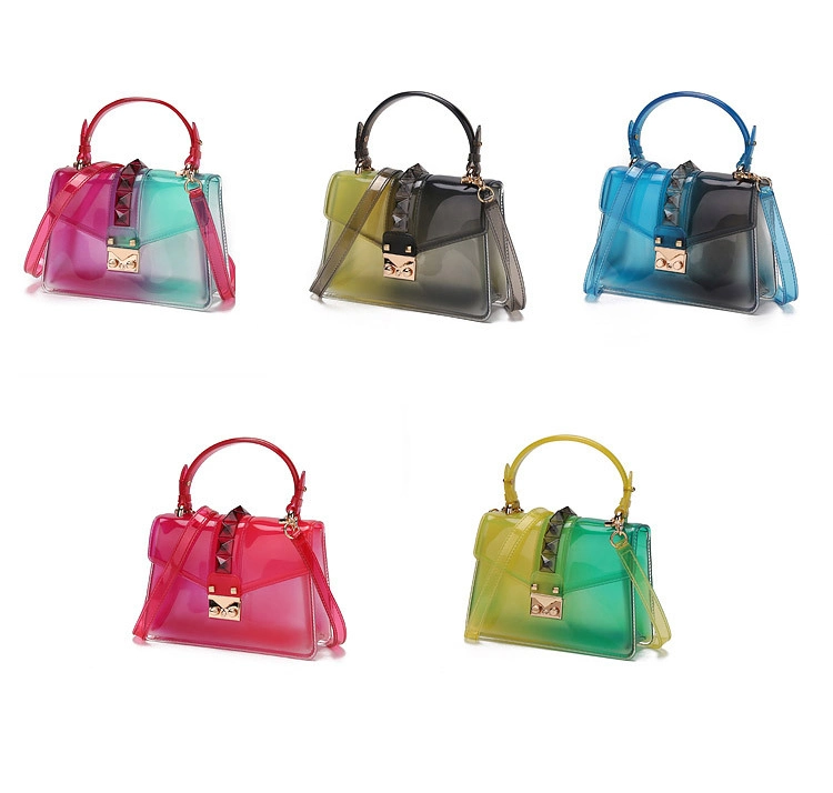 Sh1632 Transparent Fashion Women Shoulder PVC Rivet Handbags Clear Colorful Purses Jelly Bag Handbag